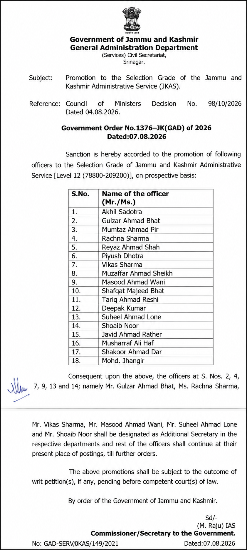 JKAS Officers Promotion Selection Grade