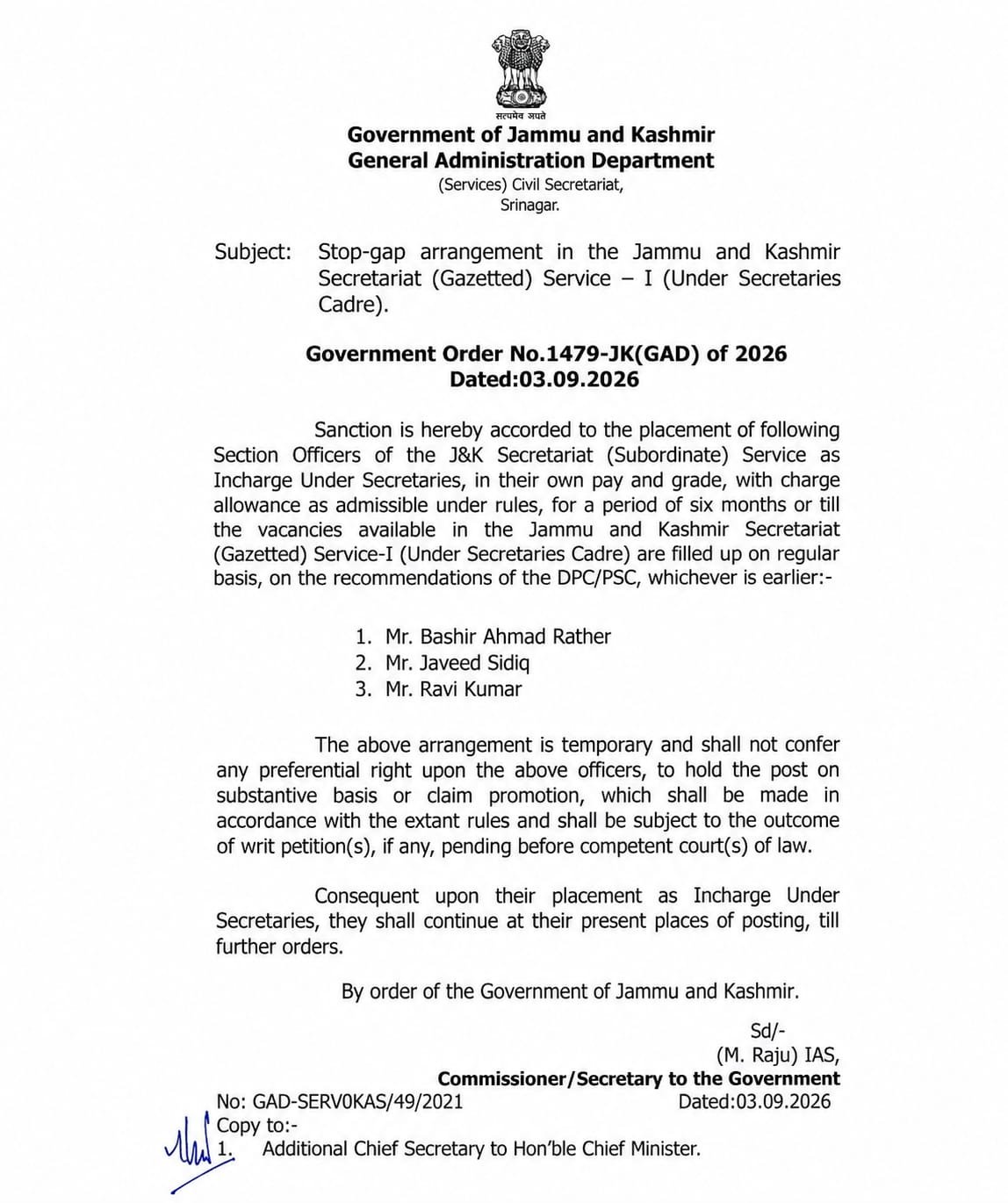 J&K Under Secretary appointments