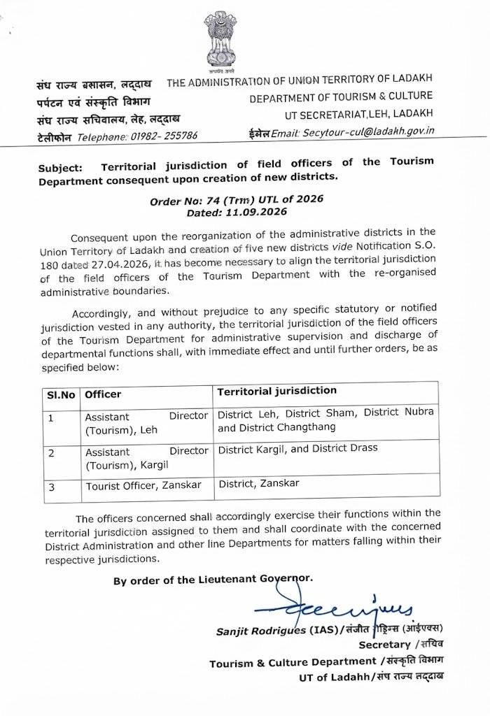 Ladakh Tourism Department territorial jurisdiction order