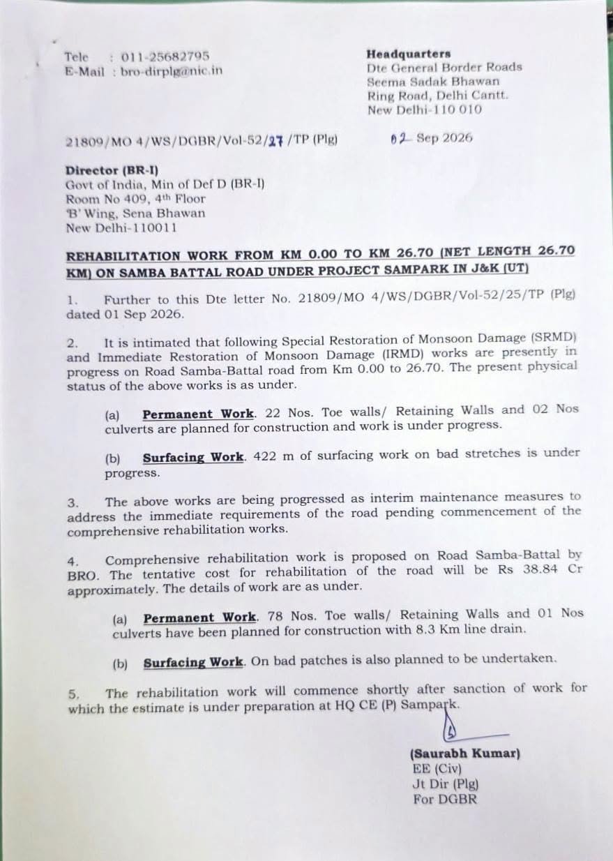 Samba Battal Road repair and restoration work